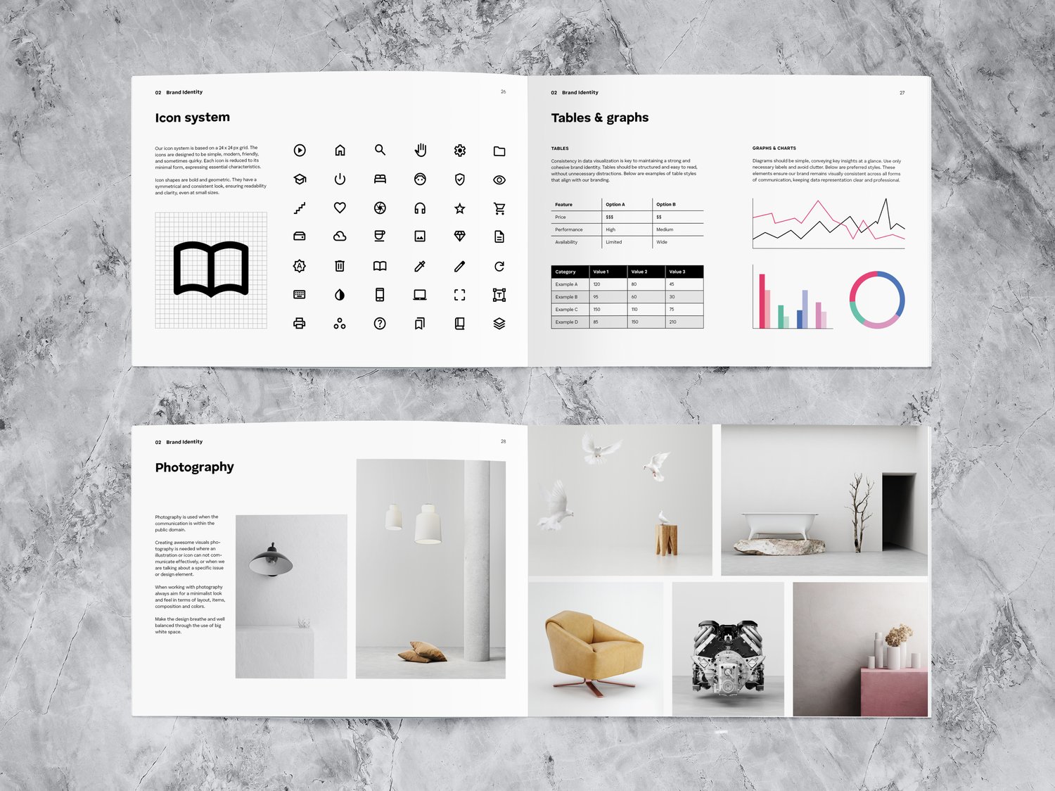 Two spreads with the sub-categories icon system, tables & graphs and photography, completed by minimalist designs and photography style.