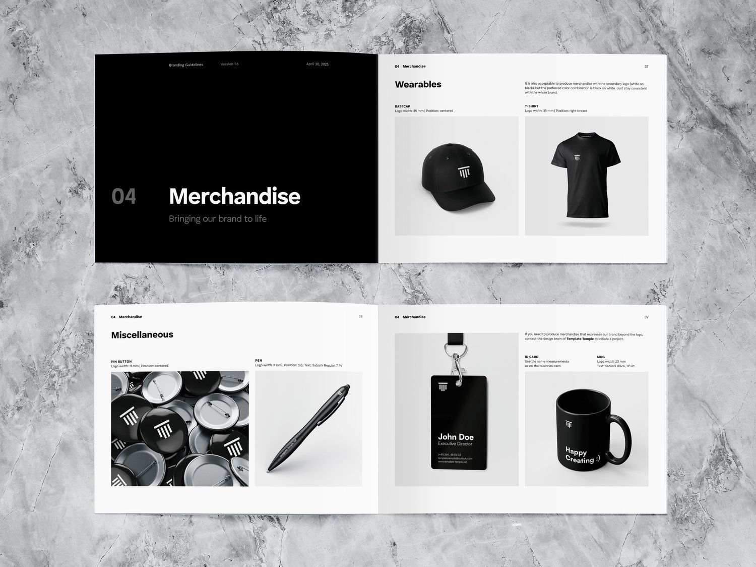 Two spreads of the template presenting the fourth main category merchandise, with some example images of wearables and miscellaneous where the brand logo is used in white on black.