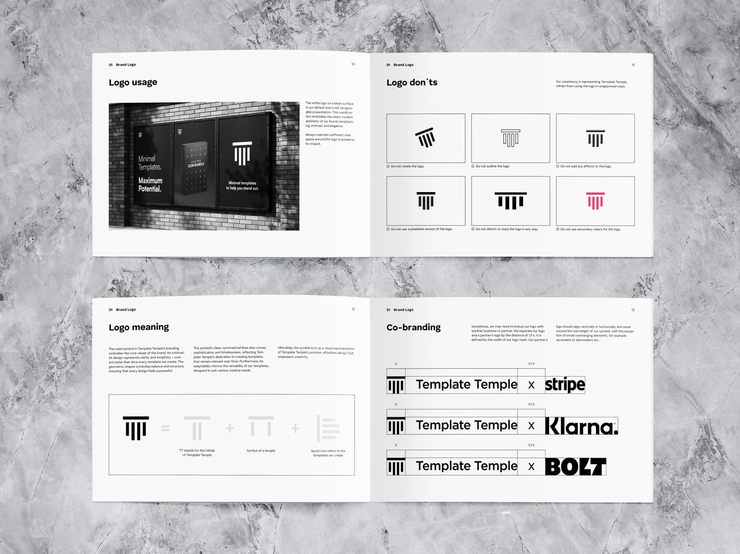 Two spreads with subcategories of the section „brand logo“, such as logo usage, don´ts, logo meaning and co-branding, featuring clear instructions and clean graphics.