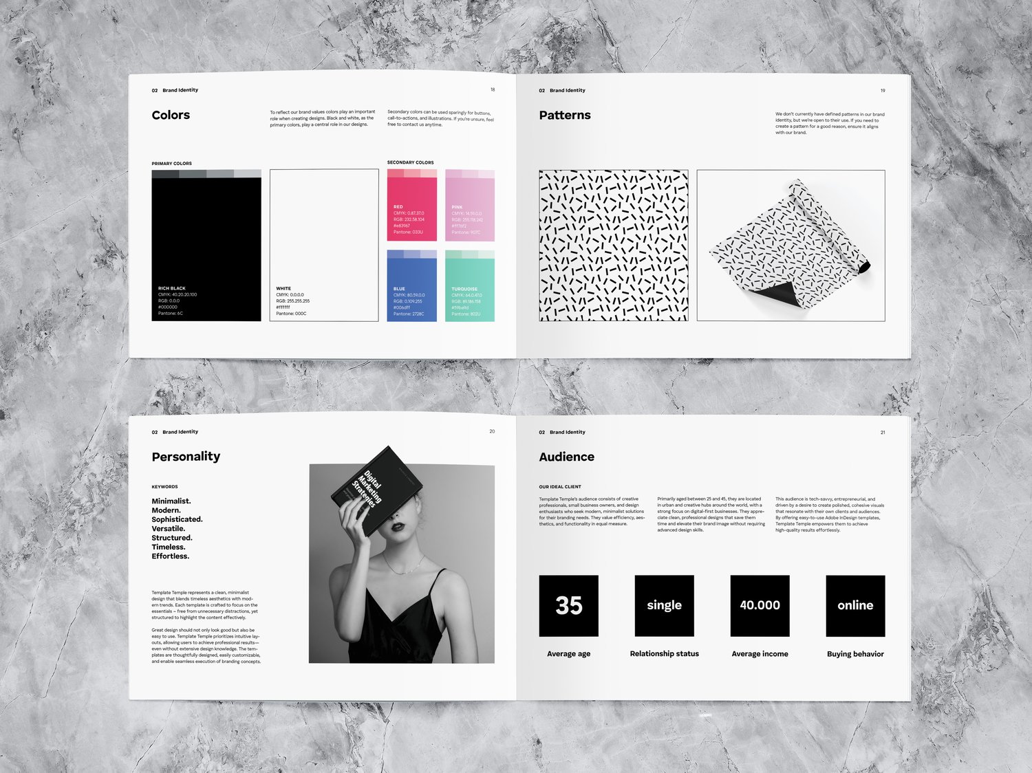 2 Spreads with the sub-categories colors, patterns, personality and audience; descriptive graphics included.
