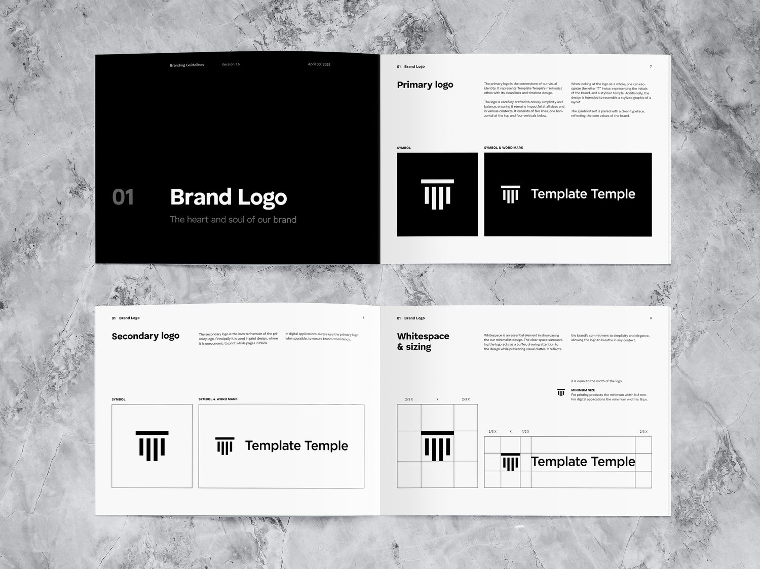 Two spreads of the template with the category „brand logo“ and some specifications about the primary and secondary logo, for example „whitespace & sizing“.