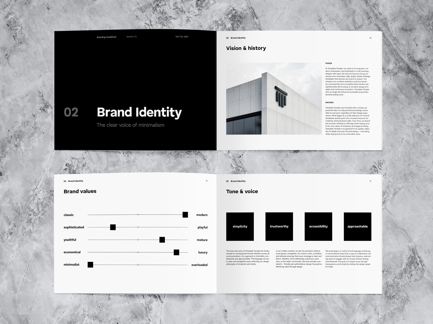Two spreads of the template with the category „brand identity“ and its sub-categories like brand values, vision & history and tone & voice.