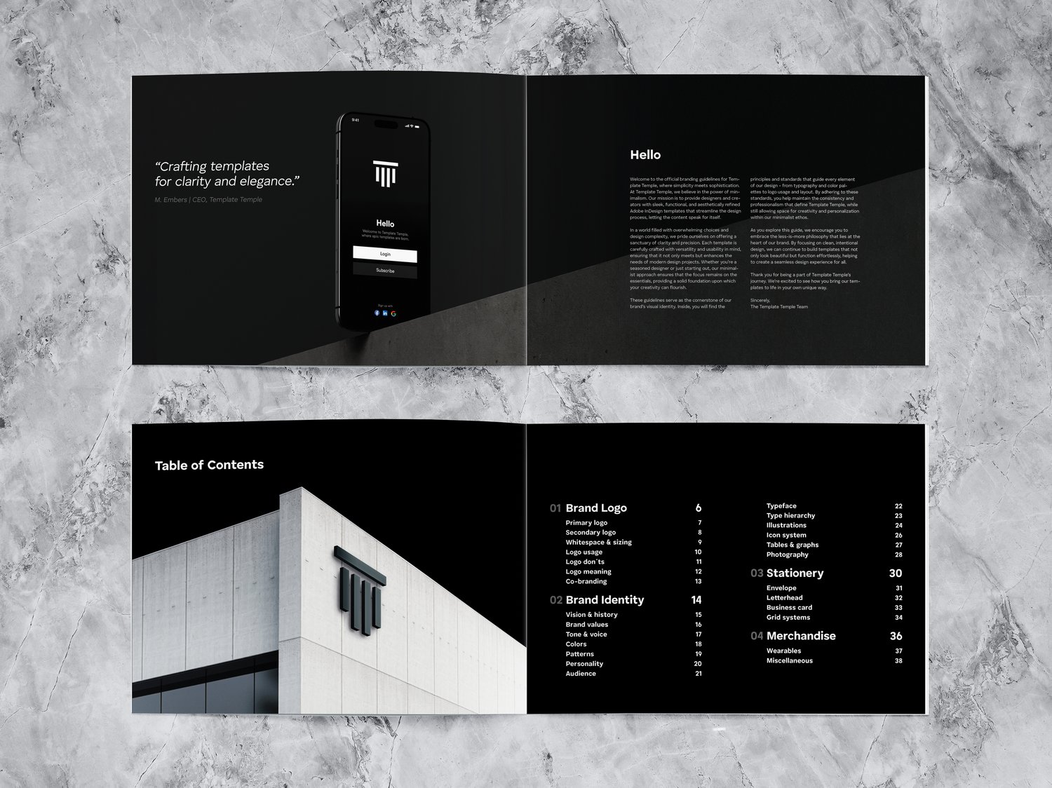 Mockup of two spreads showing „hello“ section and the TOC, with white text on black background.