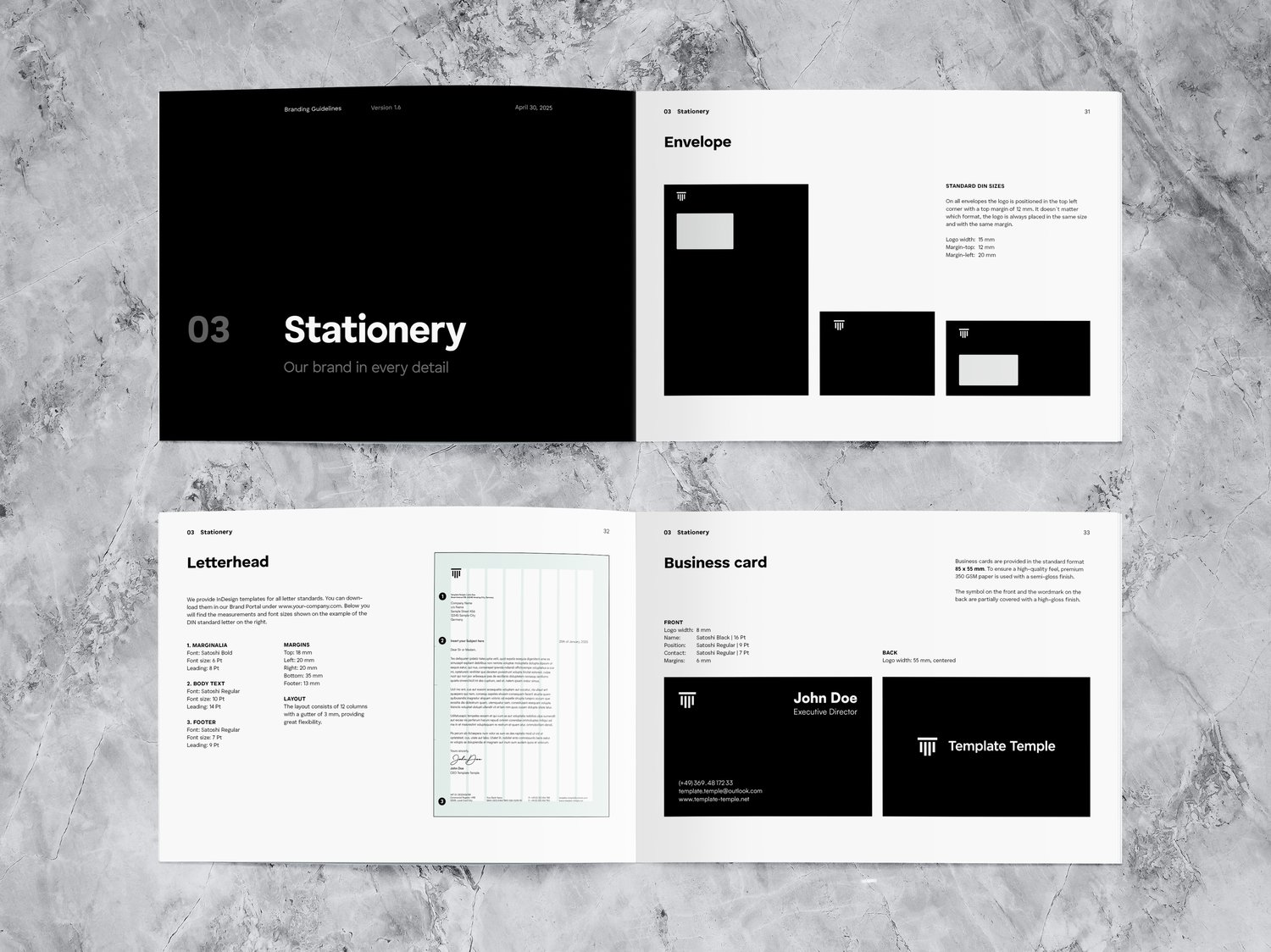 Two spreads of the template showing the category stationery with the subcategories envelope, letterhead and business card, using a nice and clean black & white theme.