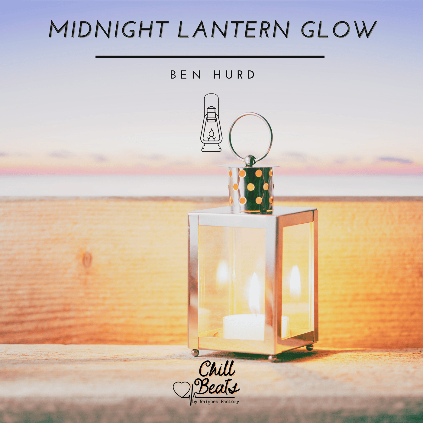 A softly glowing lantern on a wooden surface with a pastel-hued sunset in the background.