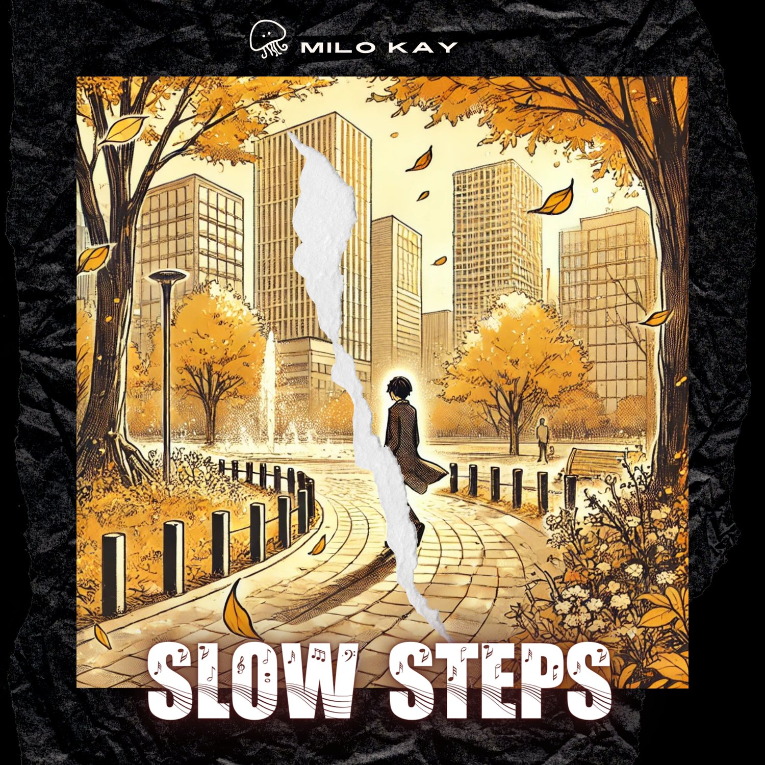 An autumn city park with golden leaves falling, a person walking along a curved path, surrounded by warm sunlight and tall buildings in the background.