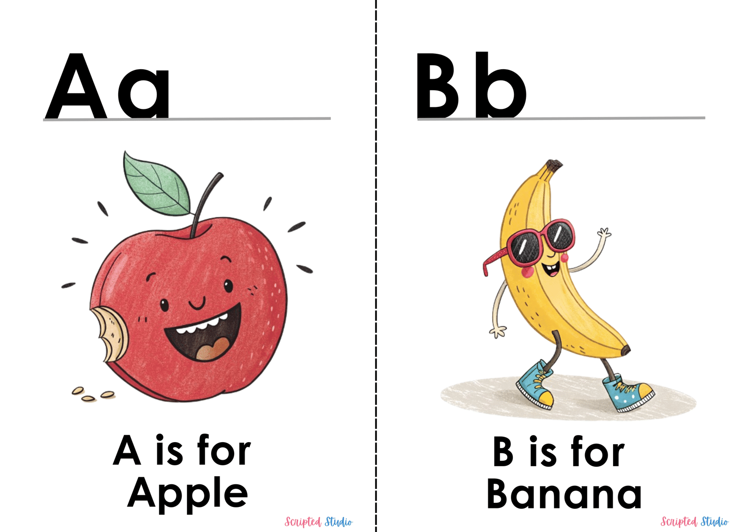 Abc flashcard A is for apple with a smiling doodle apple B is for Banana with a dancing banana with boots on