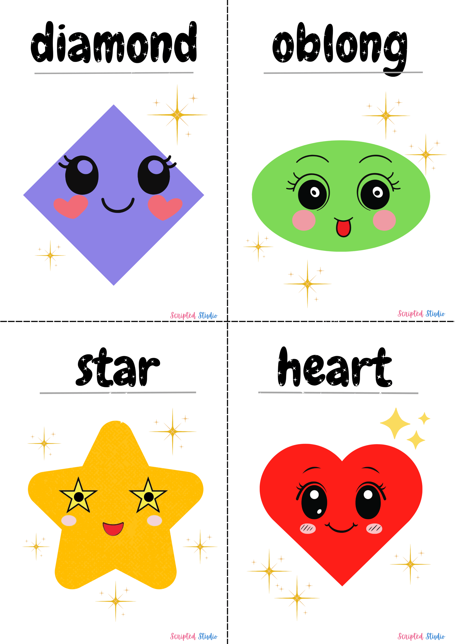 adorable shape flashcards feature a variety of shapes including diamond, oblong, star, and heart, with cute faces and sparkling accents to make learning even more exciting