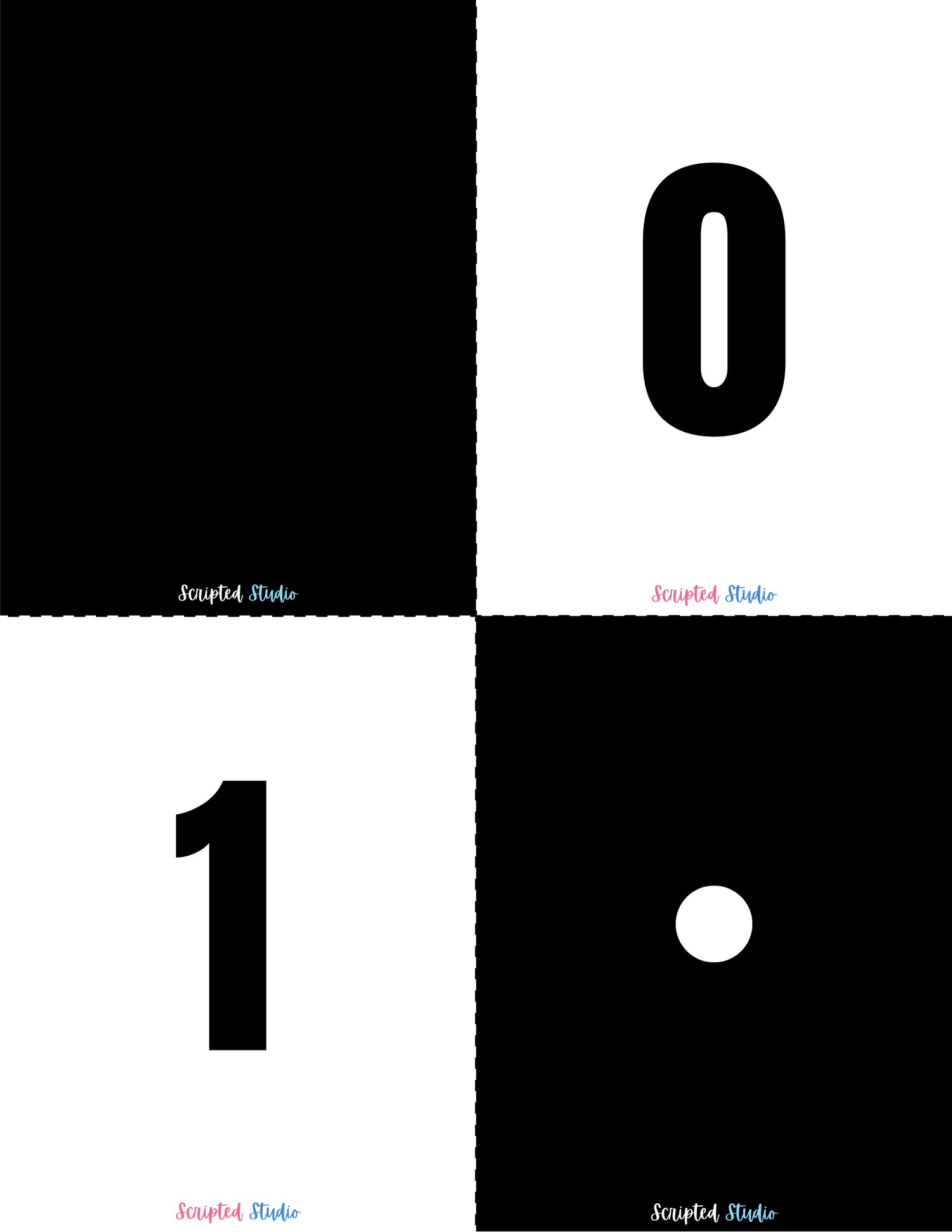Black and white domino-style flashcards for numbers 0-1, designed to help children practice counting and number recognition in a visually engaging way.