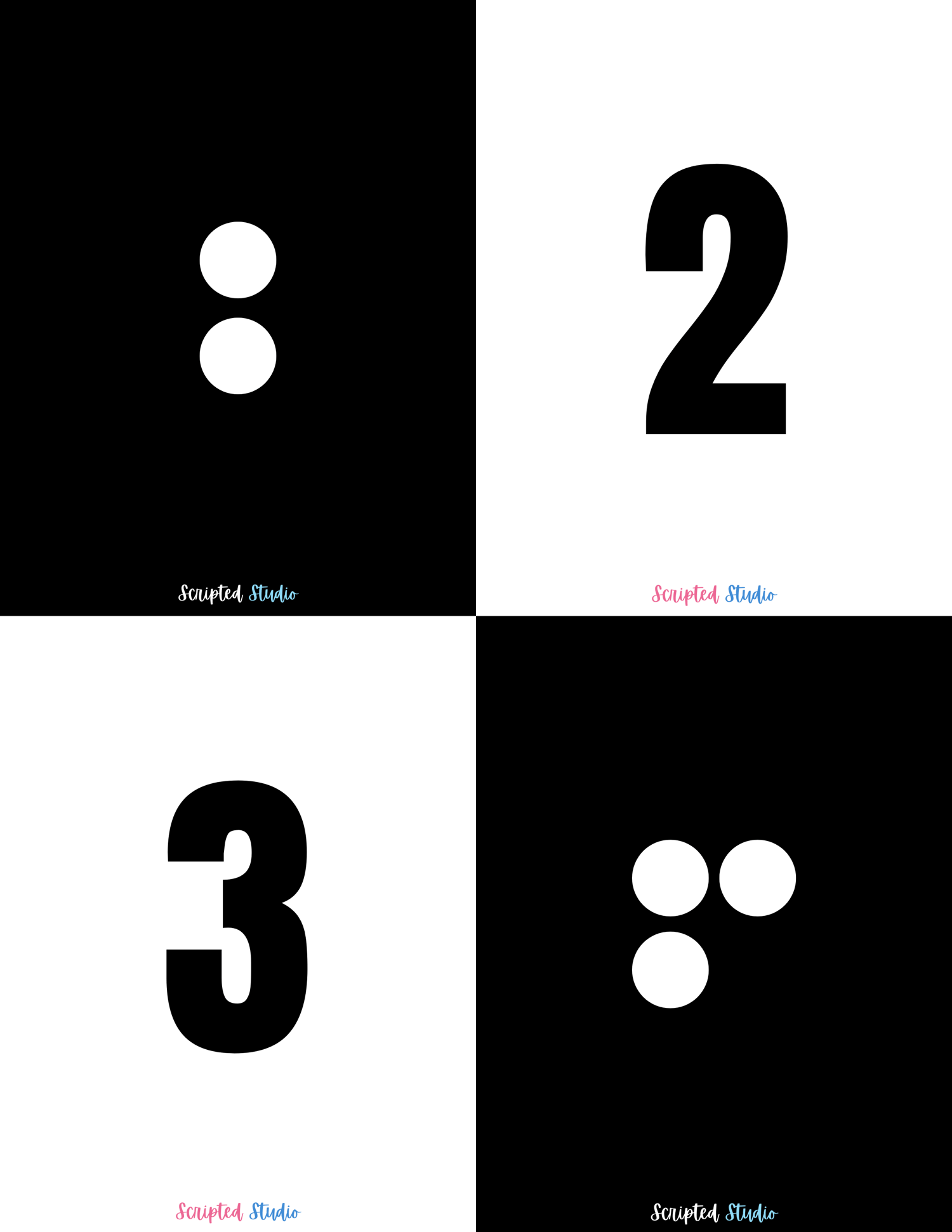 Black and white domino-style flashcards for numbers 2 to 3, designed to help children practice counting and number recognition in a visually engaging way.
