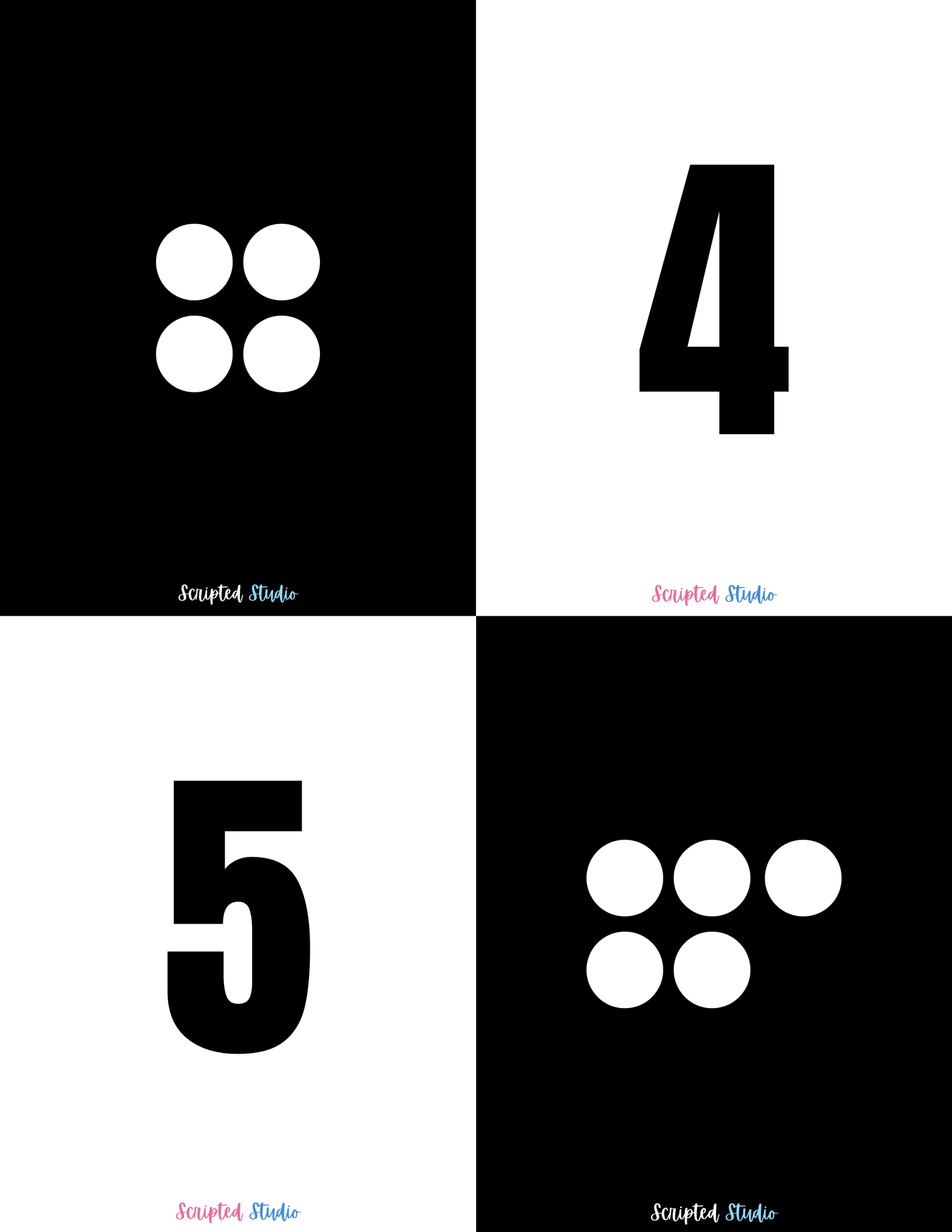 Black and white domino-style flashcards for numbers 4 to 5, designed to help children practice counting and number recognition in a visually engaging way.