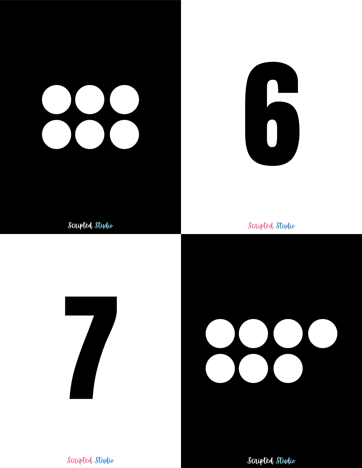 Black and white domino-style flashcards for numbers 6 to 7, designed to help children practice counting and number recognition in a visually engaging way.