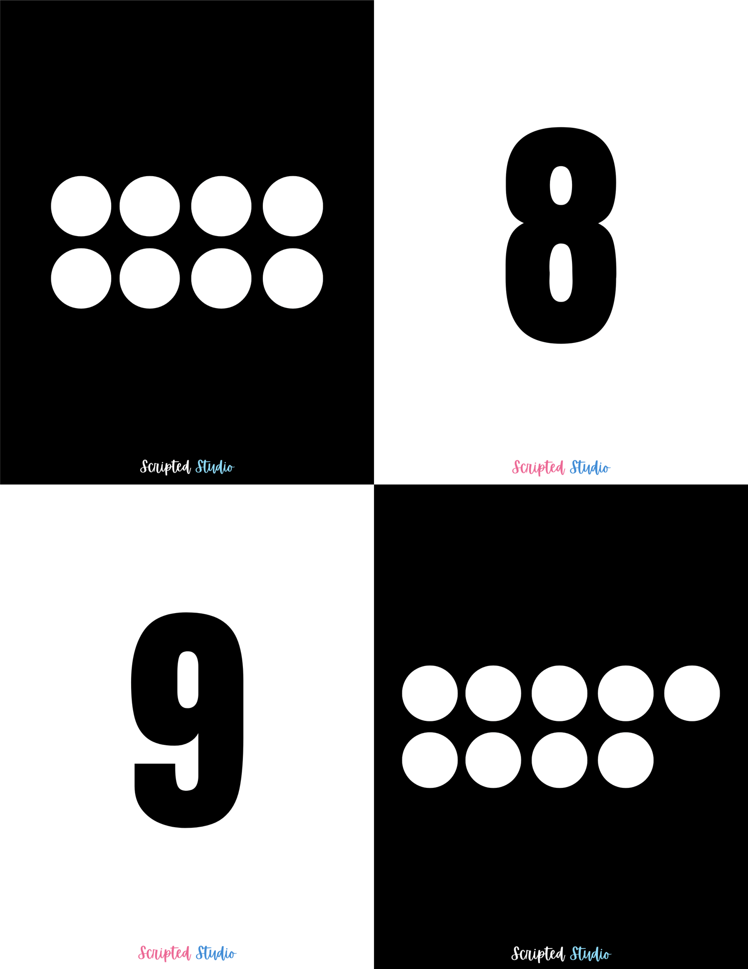 Black and white domino-style flashcards for numbers 8 to 9, designed to help children practice counting and number recognition in a visually engaging way.