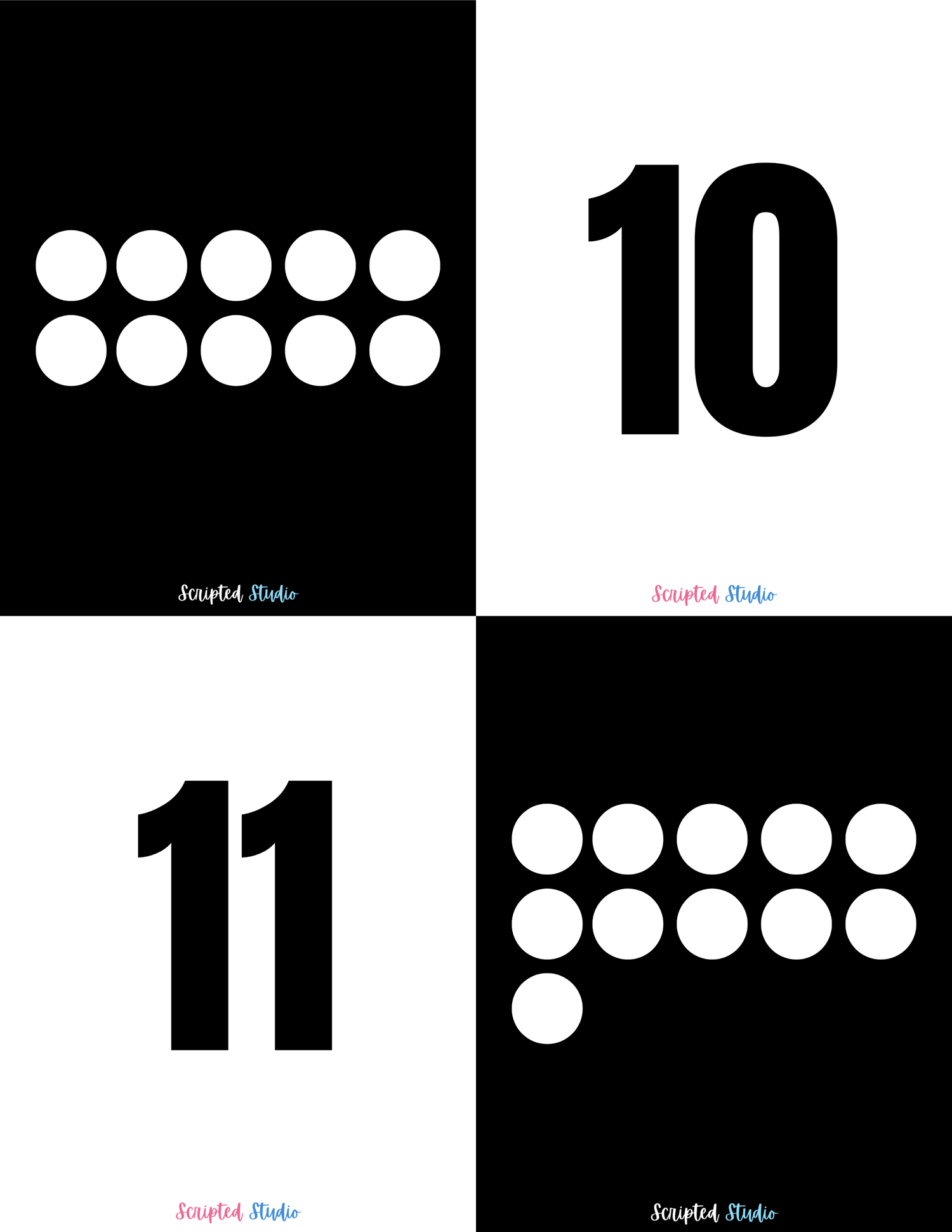 Black and white domino-style flashcards for numbers 9 to 10, designed to help children practice counting and number recognition in a visually engaging way.