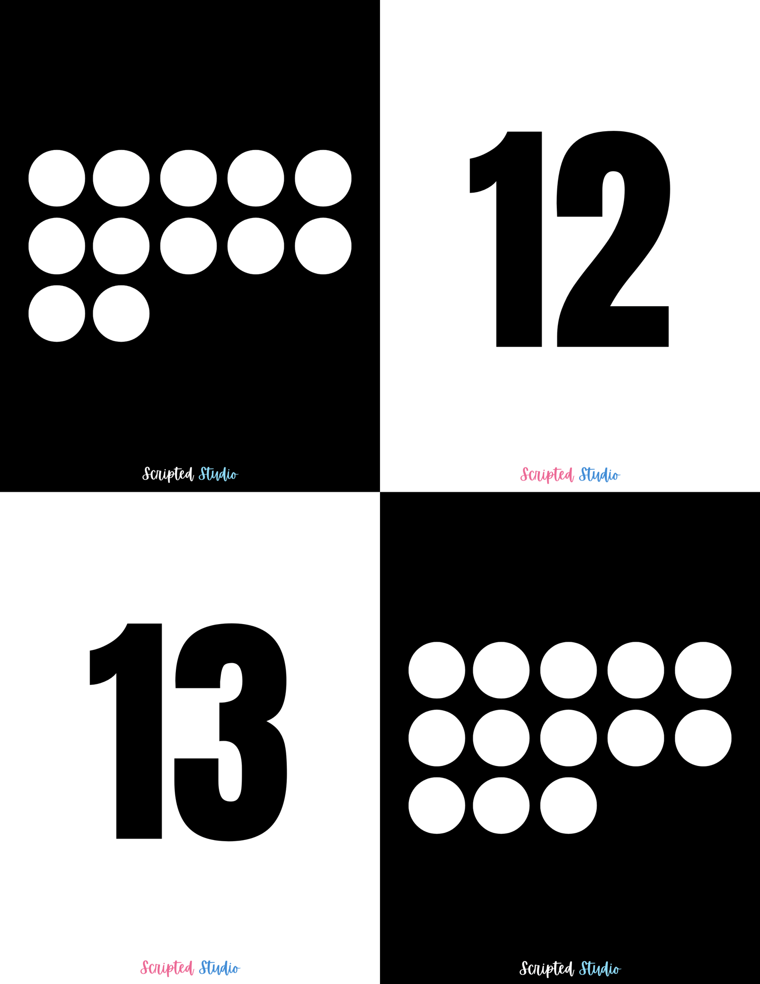 Black and white domino-style flashcards for numbers 11 to 12, designed to help children practice counting and number recognition in a visually engaging way.