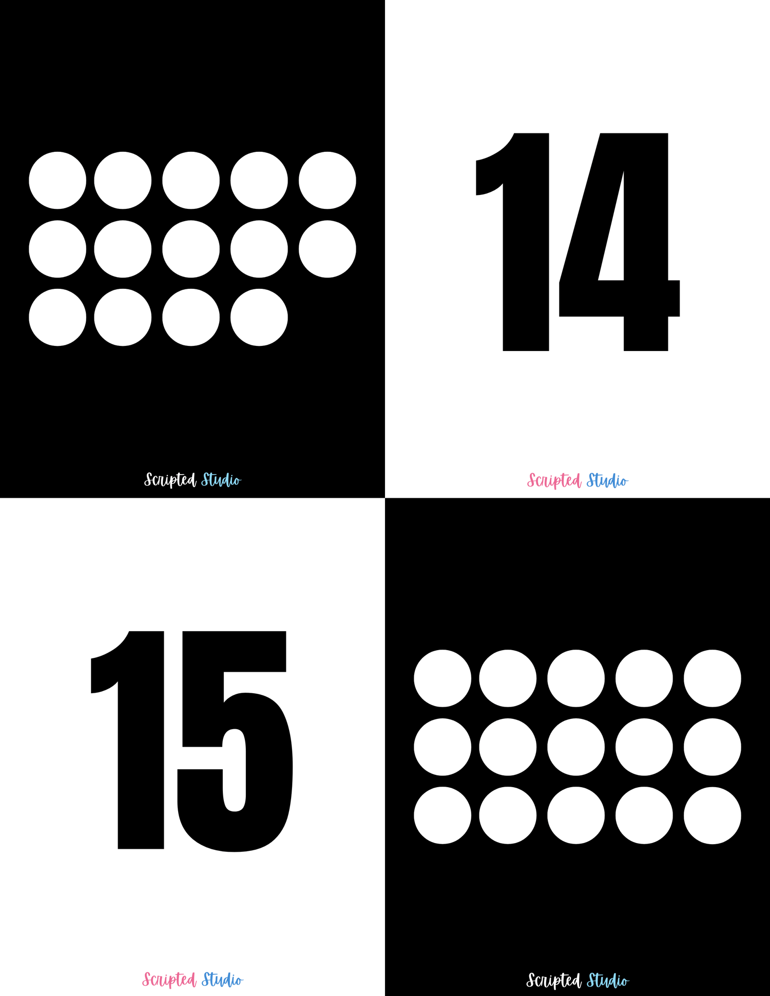 Black and white domino-style flashcards for numbers 14 to 15, designed to help children practice counting and number recognition in a visually engaging way.