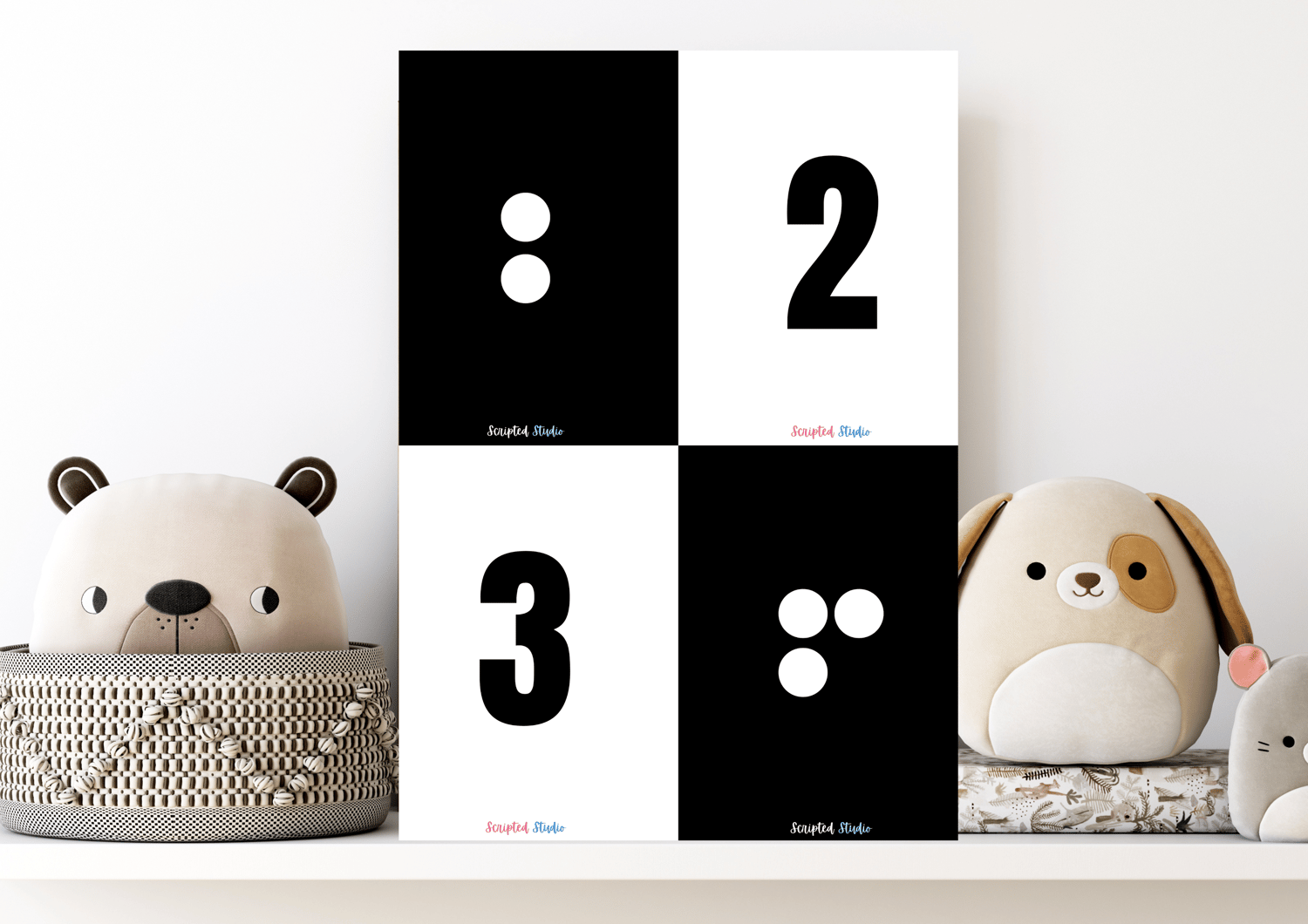 Black and white domino-style flashcards for numbers 2 to 3, designed to help children practice counting and number recognition in a visually engaging way. mockup