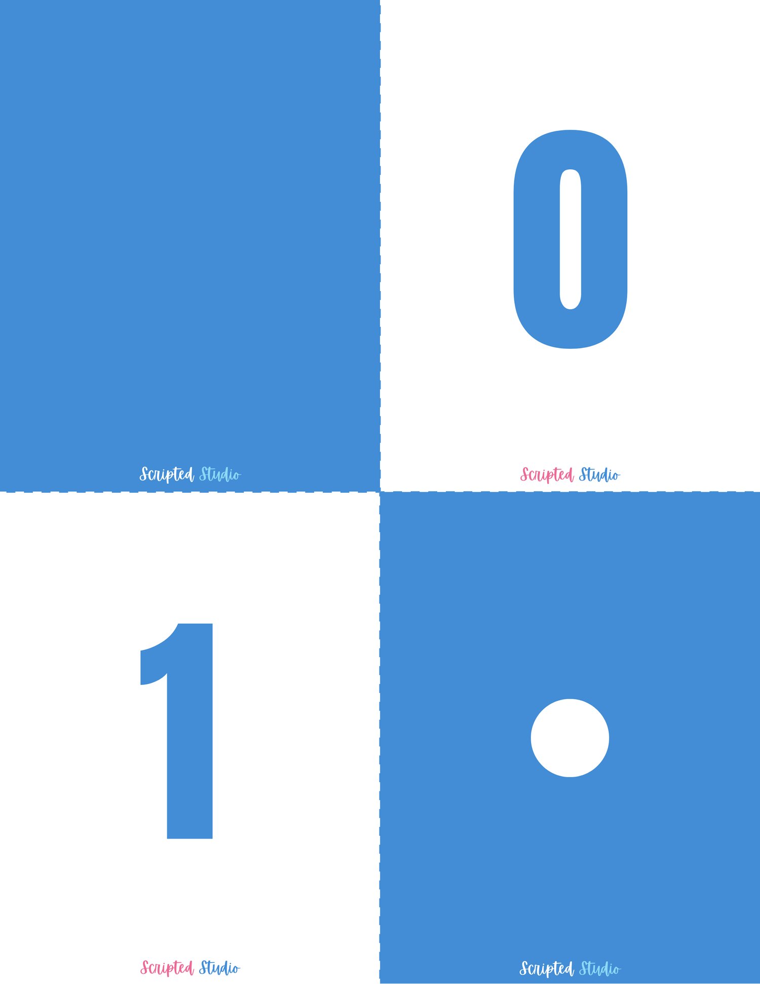 Blue and white domino-style flashcards for numbers 0 to 1, designed to help children practice counting and number recognition in a visually engaging way.