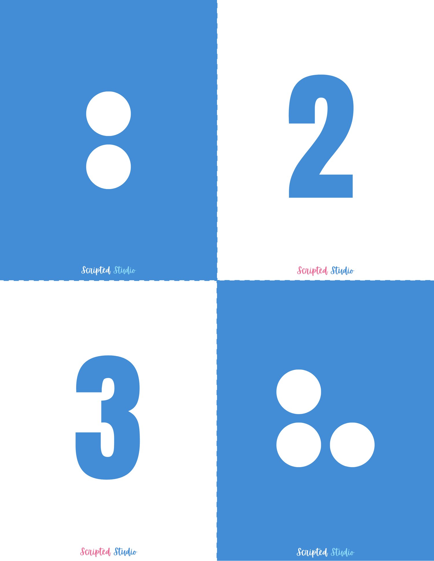 Blue and white domino-style flashcards for numbers 2 to 3, designed to help children practice counting and number recognition in a visually engaging way.