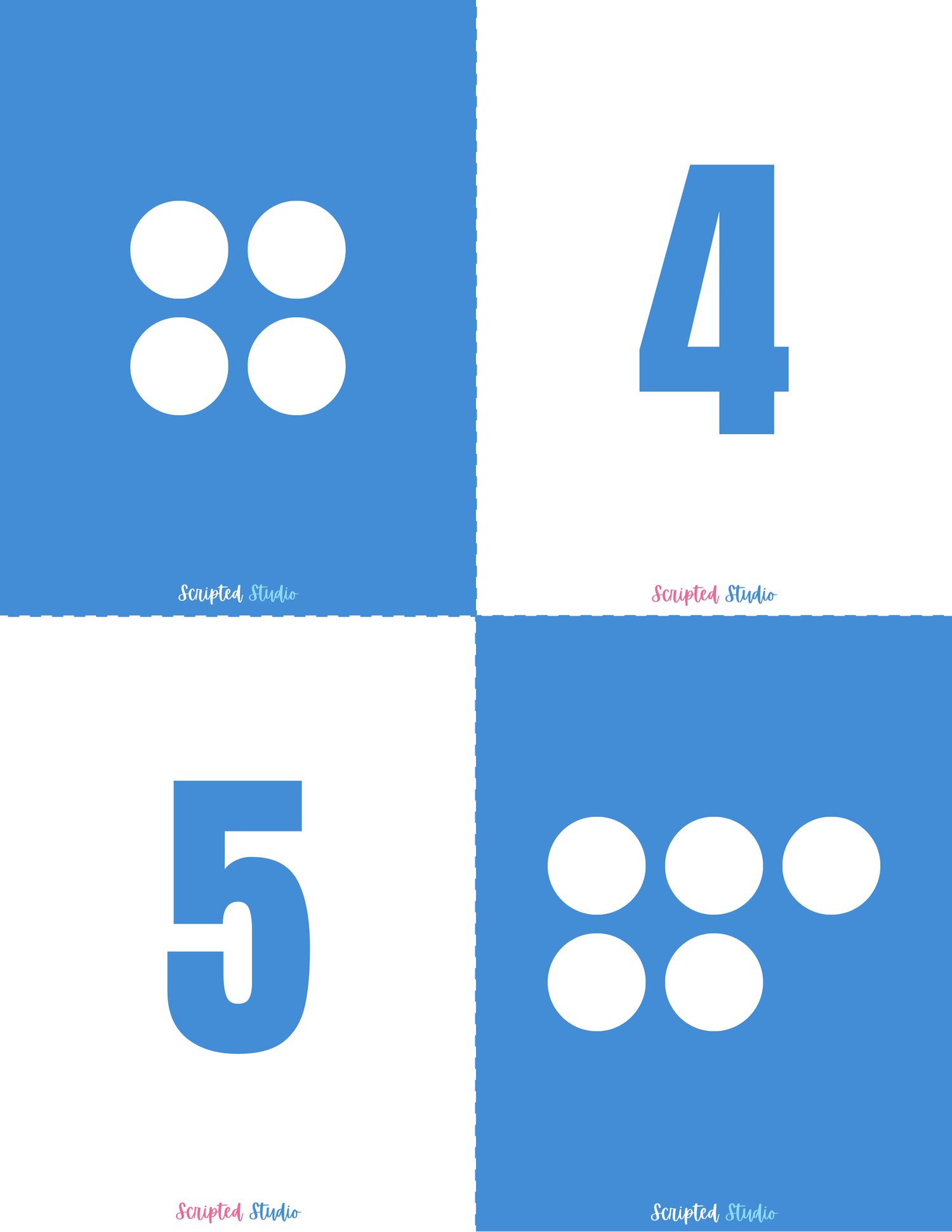 Blue and white domino-style flashcards for numbers 4 to 5, designed to help children practice counting and number recognition in a visually engaging way.
