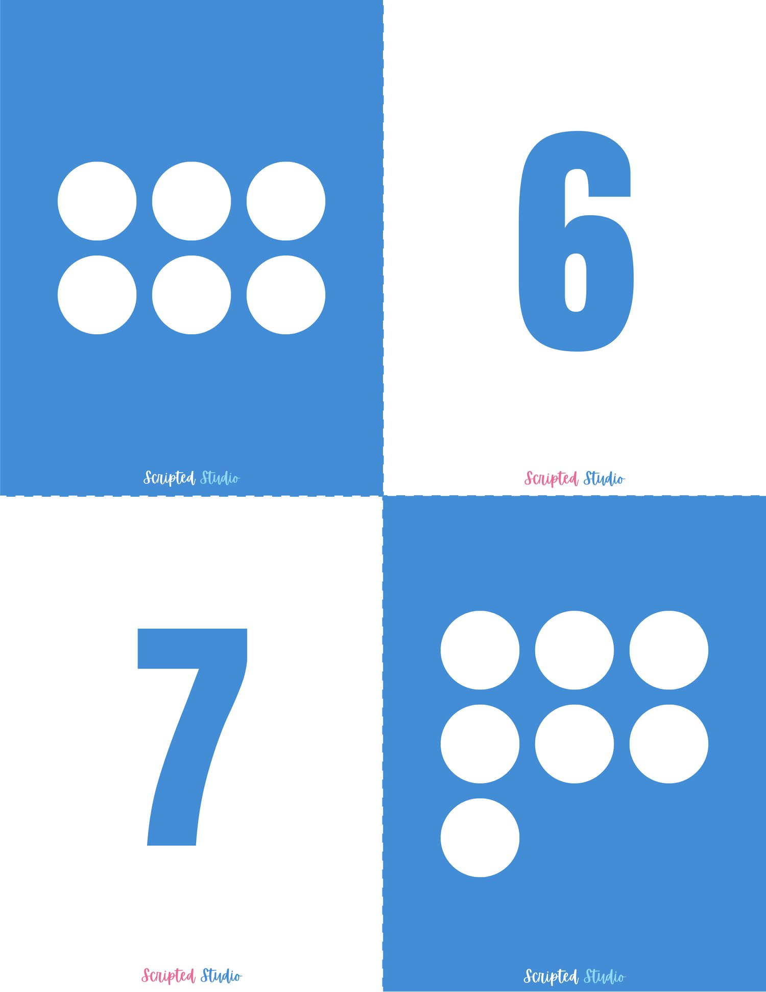 Blue and white domino-style flashcards for numbers 6 to 7, designed to help children practice counting and number recognition in a visually engaging way.