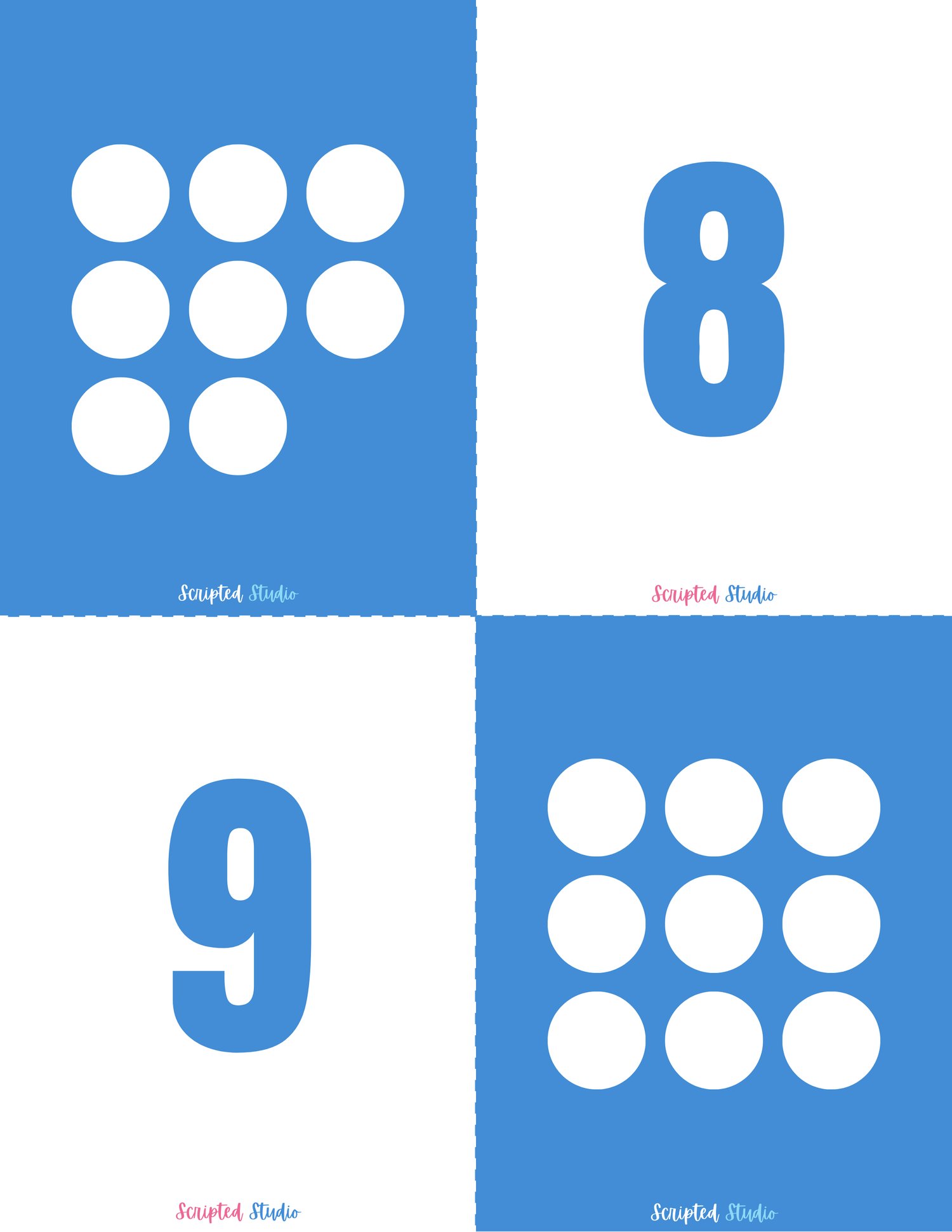 Blue and white domino-style flashcards for numbers 7 to 8, designed to help children practice counting and number recognition in a visually engaging way.