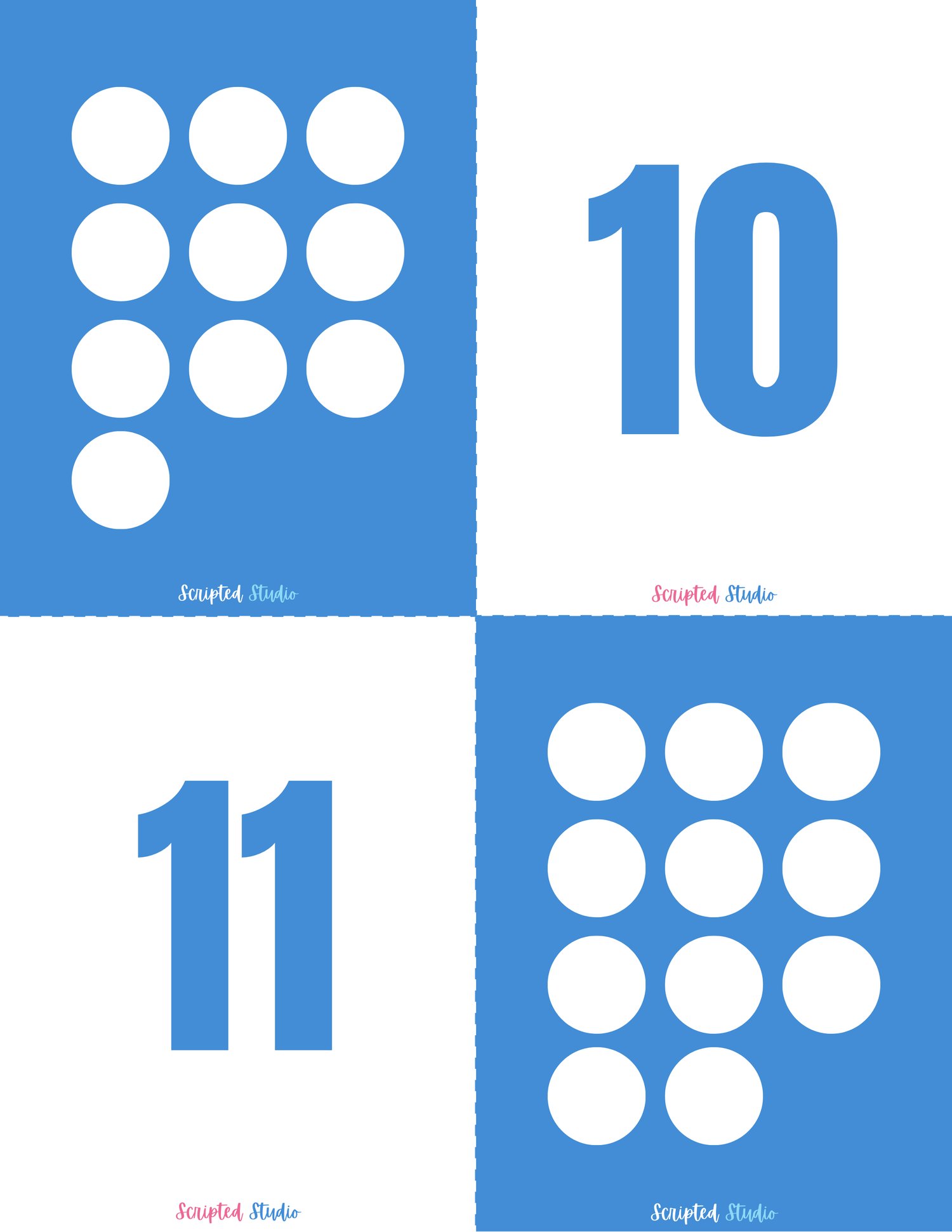 Blue and white domino-style flashcards for numbers 10 to 11, designed to help children practice counting and number recognition in a visually engaging way.