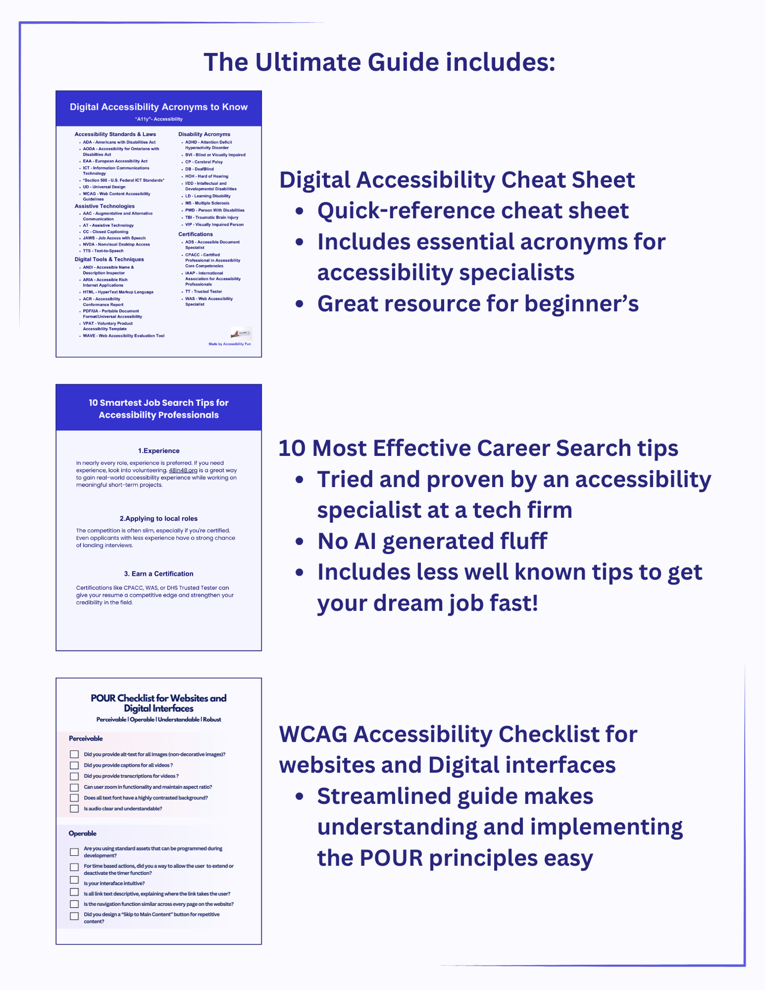 prep guide includes common digital accessibility terms, effective job search tips from expert, and WCAG checklist for UX, Product managers