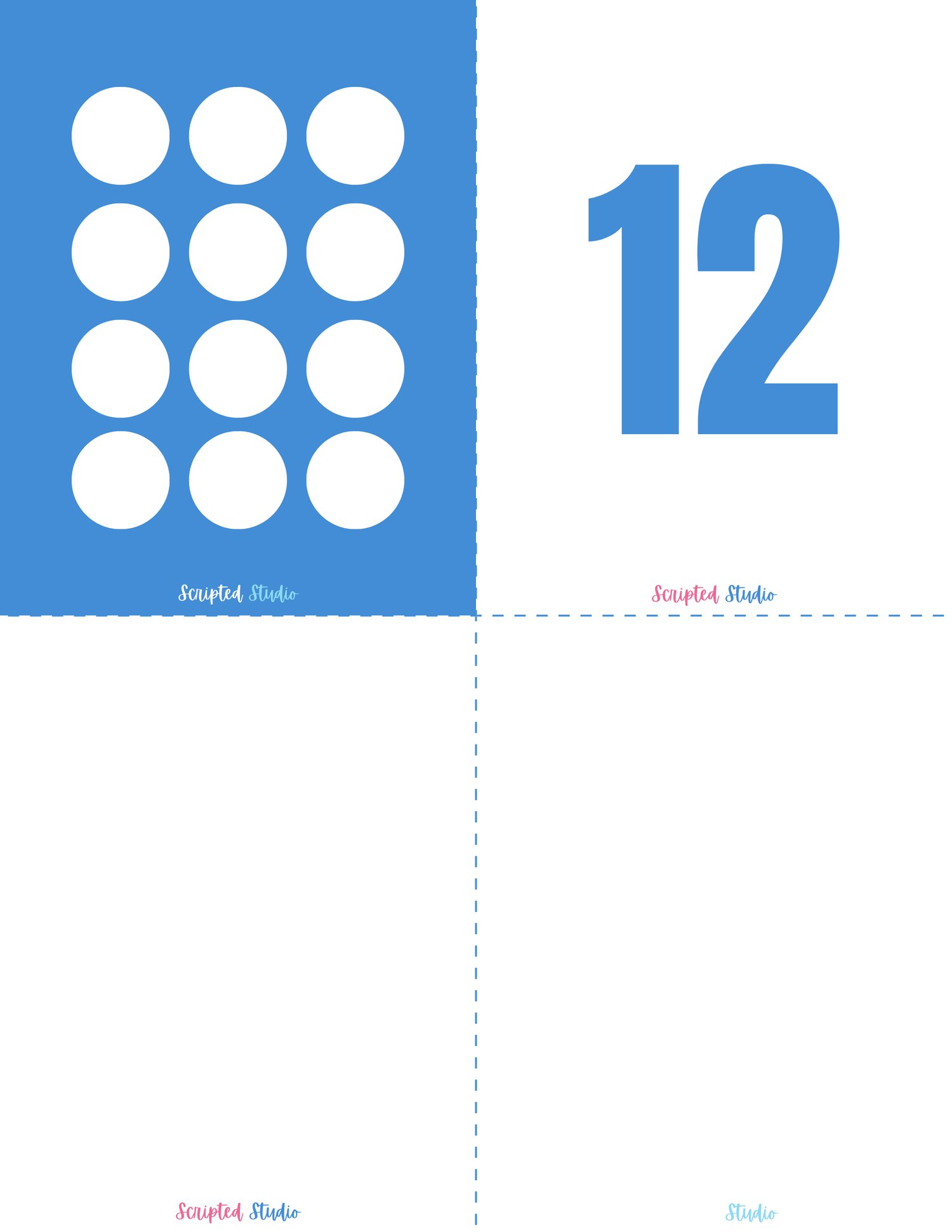 Blue and white domino-style flashcards for numbers 12, designed to help children practice counting and number recognition in a visually engaging way.
