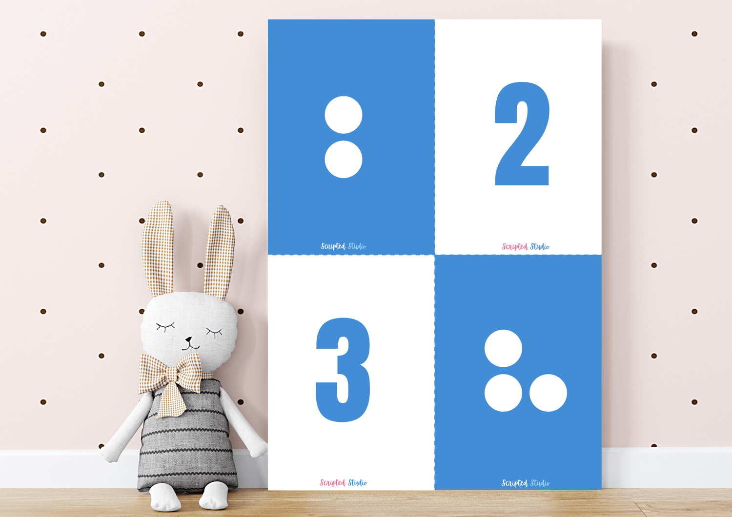 Blue and white domino-style flashcards for numbers 2 to 3 designed to help children practice counting and number recognition in a visually engaging way. mockup
