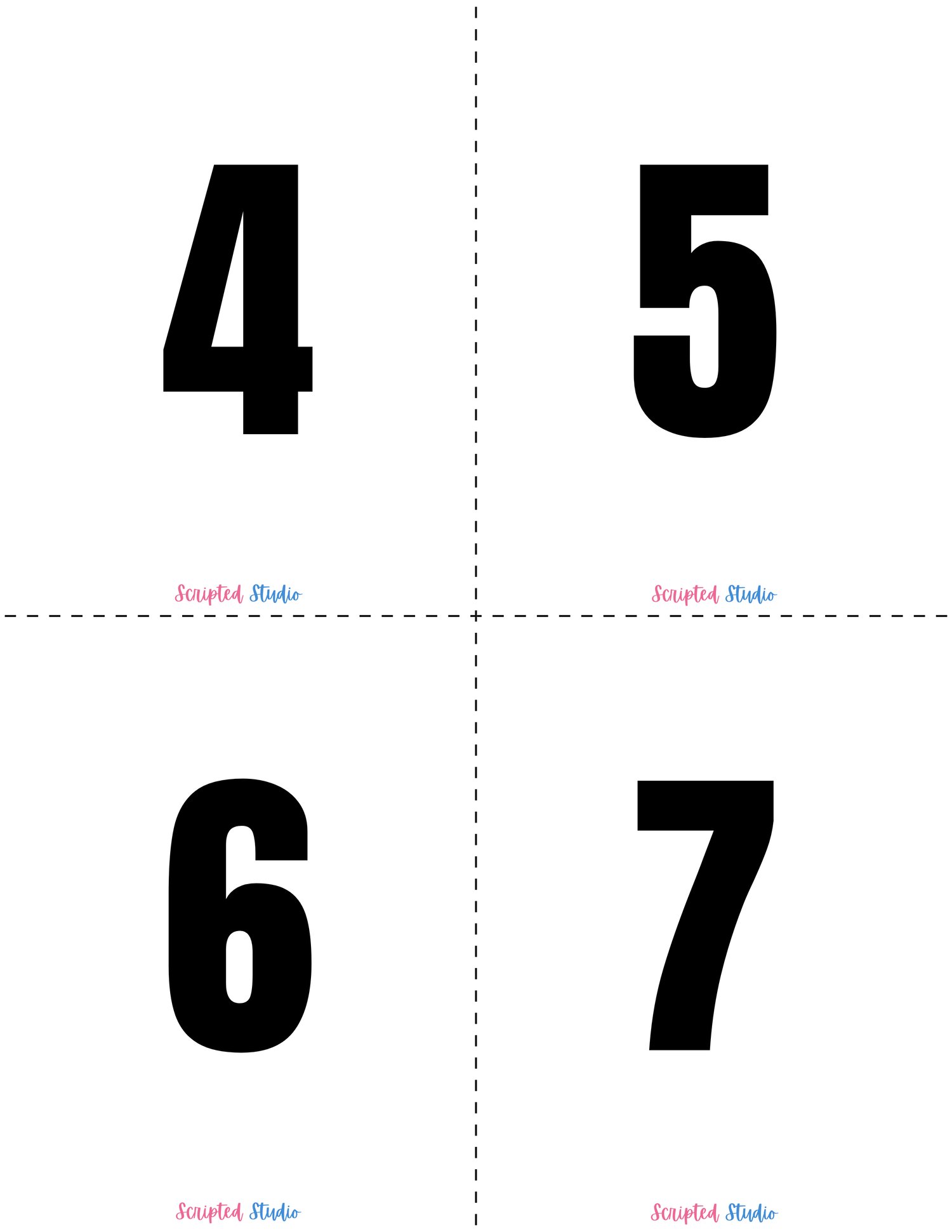 Black and white domino-style flashcards for numbers 5 to 7 designed to help children practice math and number recognition in a visually engaging way.