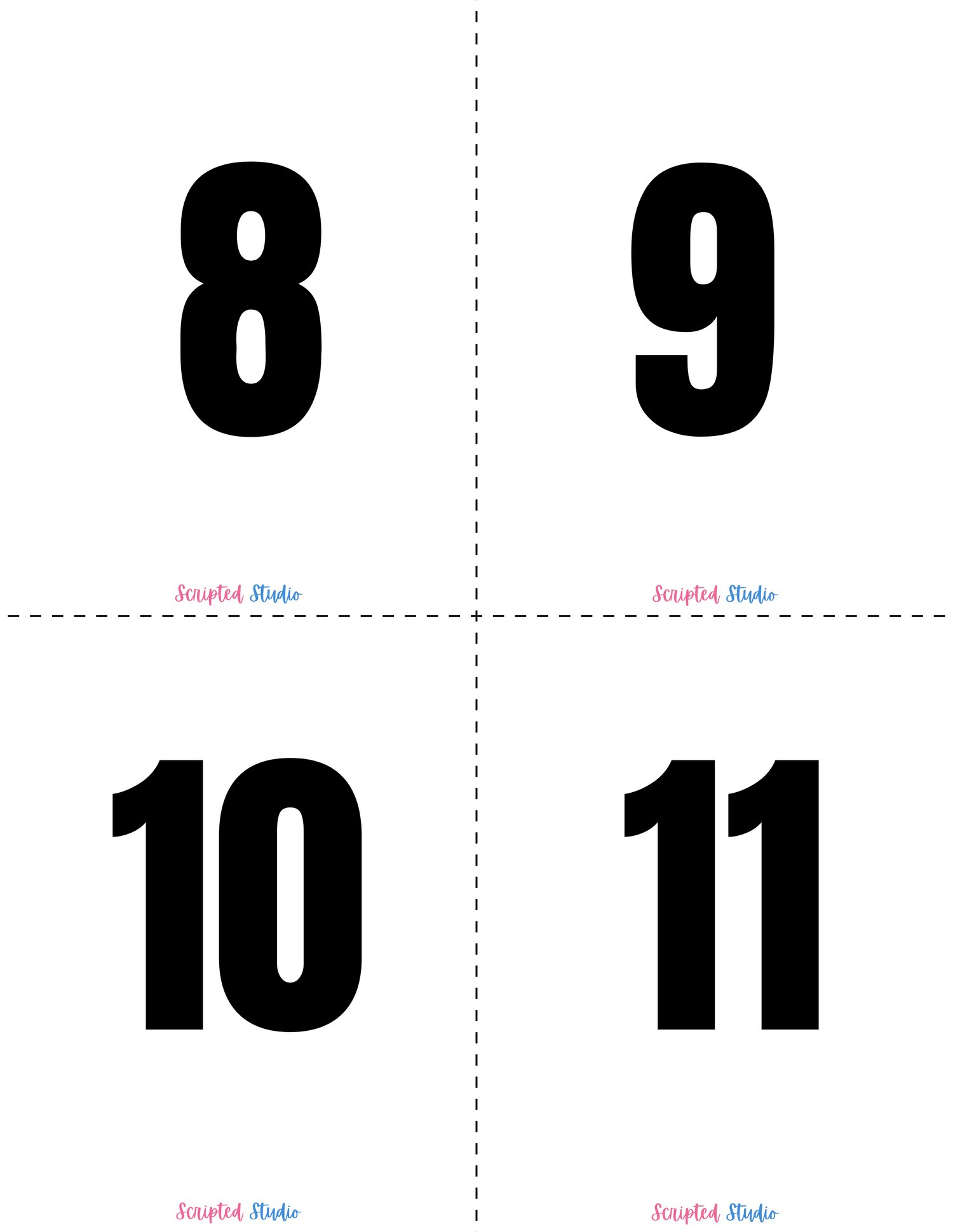 Black and white domino-style flashcards for numbers 8 to 11, designed to help children practice math and number recognition in a visually engaging way.