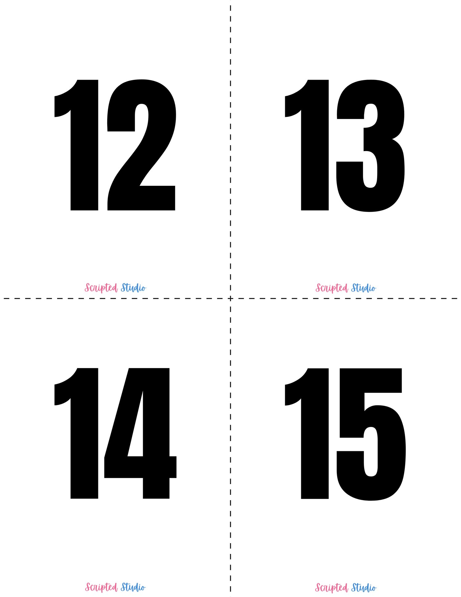 Black and white domino-style flashcards for numbers 12 to 15, designed to help children practice math and number recognition in a visually engaging way.