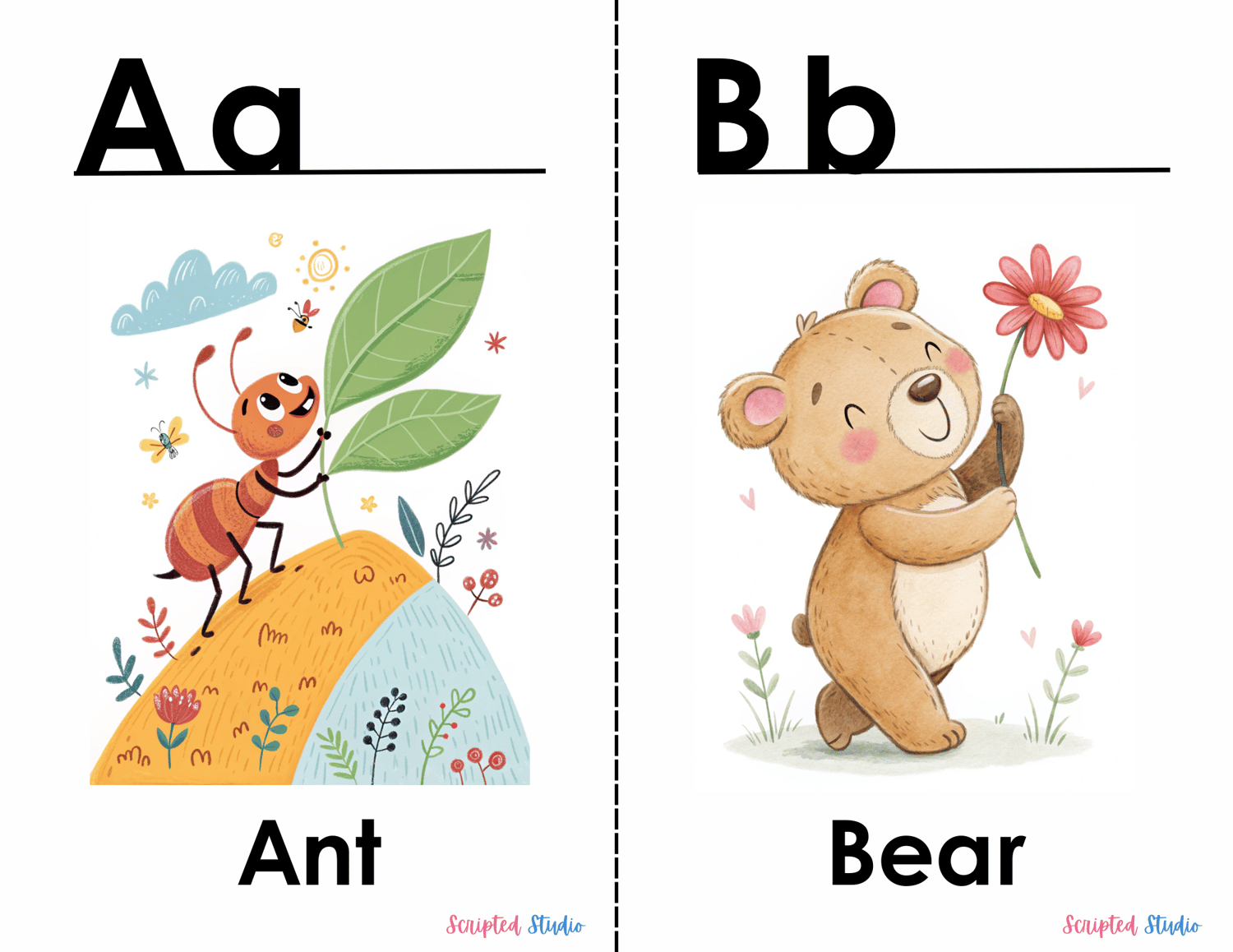 Doodle-style ABC flashcards with cute ant holding a leaf illustrations, perfect for helping young children learn the alphabet and a doodle bear holding a flower