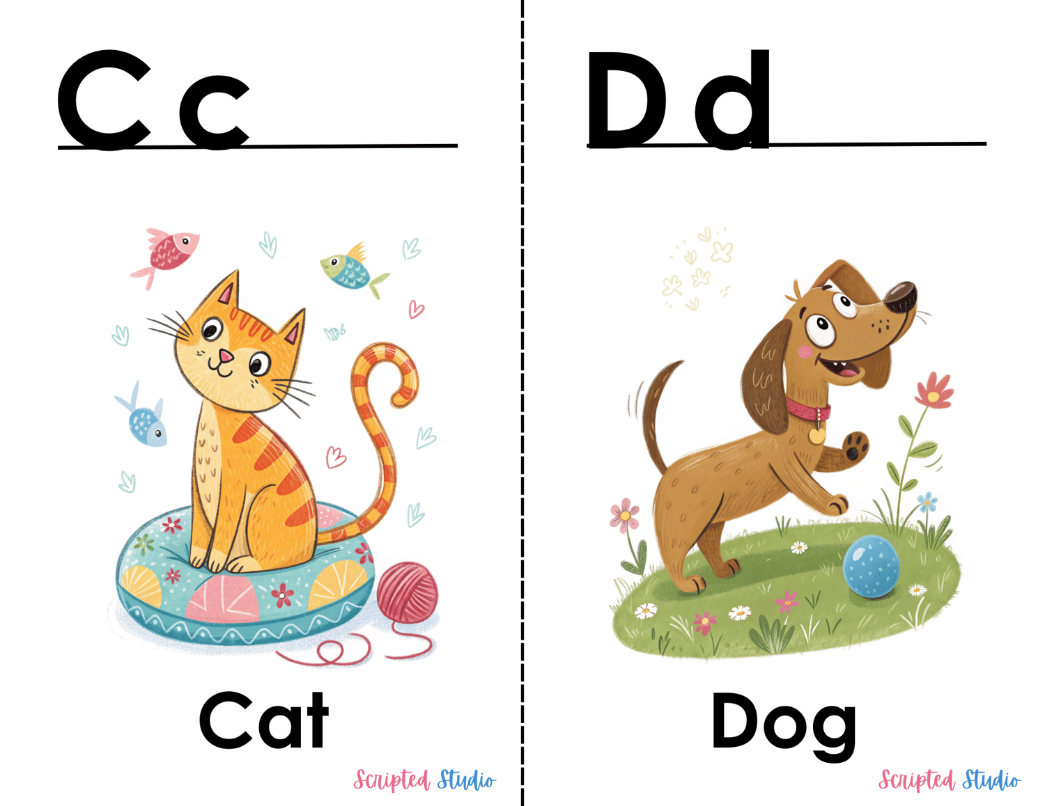 Doodle-style ABC flashcards with cute doodle cat and a doodle dog playing with a ball