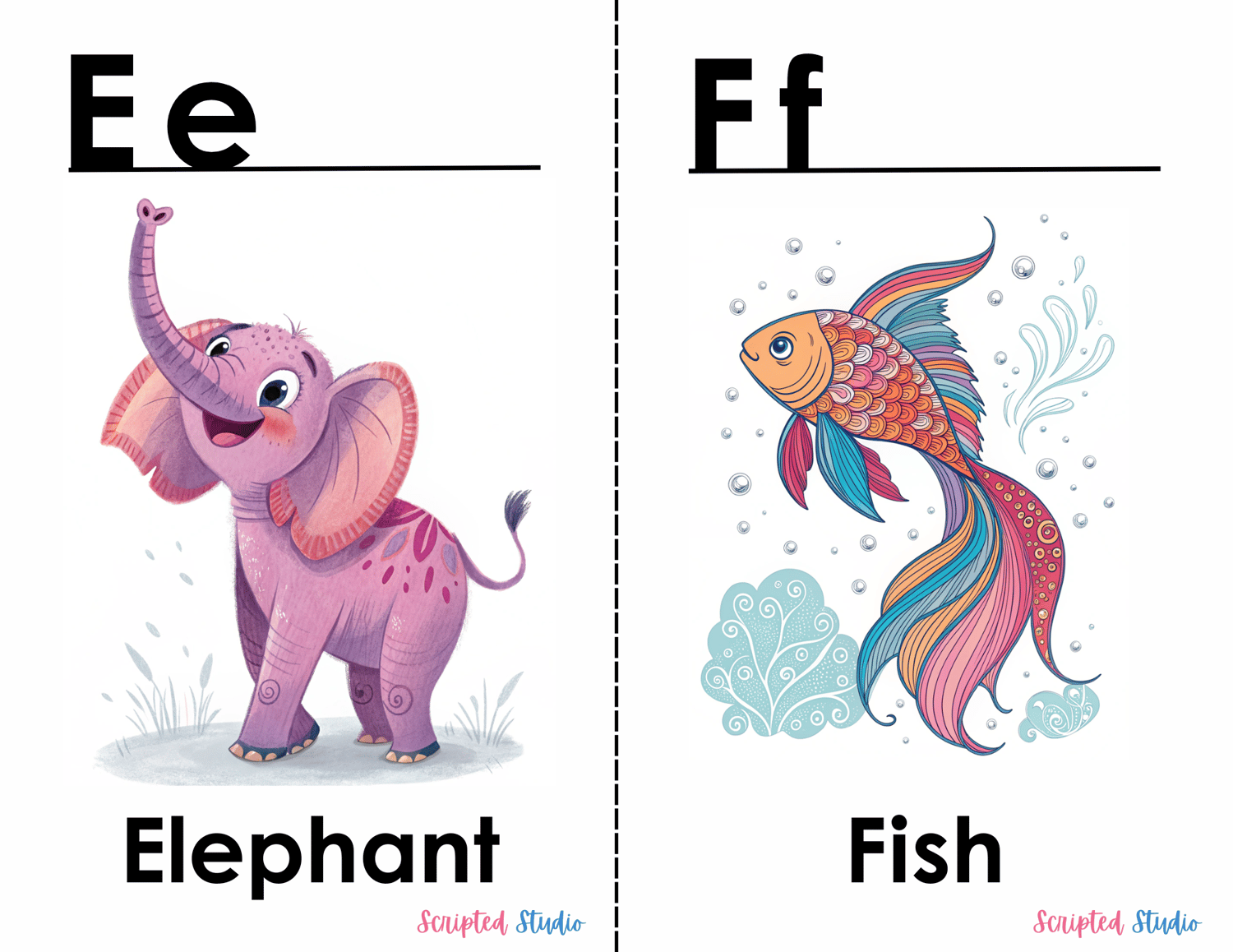 Doodle-style ABC flashcards with cute doodle elephant spraying  water and a colorful fish