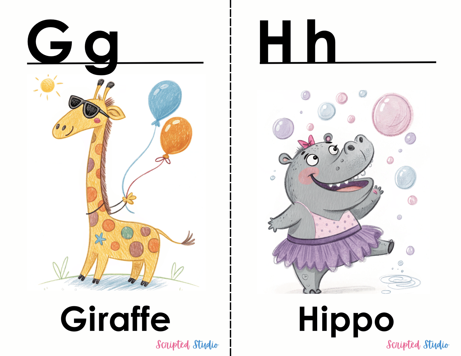 Doodle-style ABC flashcards with cute doodle giraffe with a hat and balloons and a doodle hippo dancing