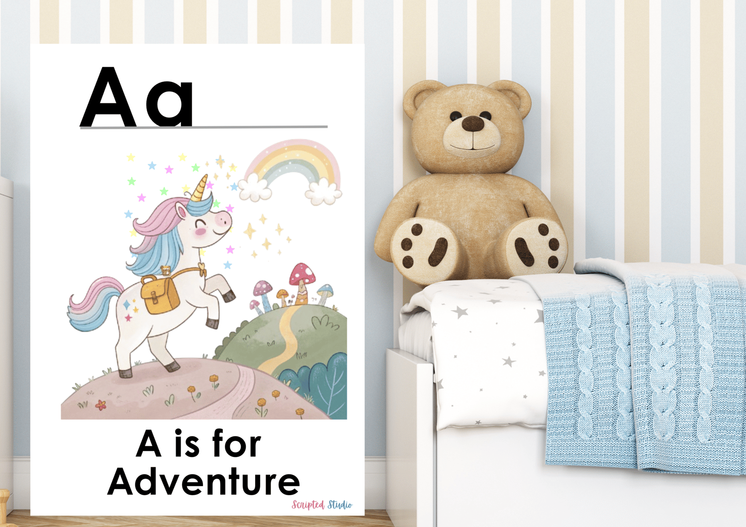 Colorful A-Z doodle unicorn flashcards, each showcasing a fun word and illustration, such as "A is for Adventure."