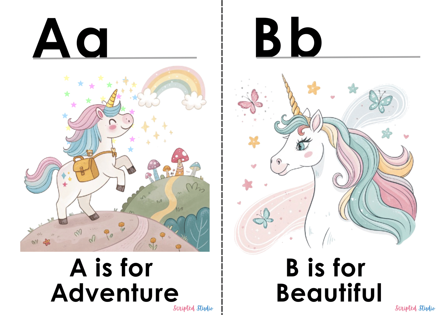 Colorful A-Z doodle unicorn flashcards, each showcasing a fun word and illustration, such as "A is for Adventure. and b is for  beautiful