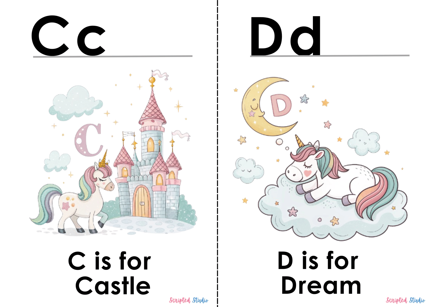 Colorful A-Z doodle unicorn flashcards, each showcasing a fun word and illustration, such as "c is for castle"