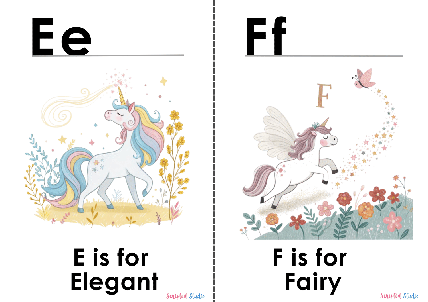 Colorful A-Z doodle unicorn flashcards, each showcasing a fun word and illustration, such as "E is for Elegant"