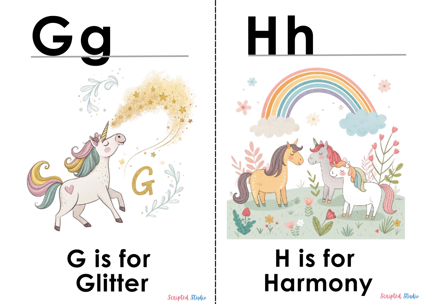 Colorful A-Z doodle unicorn flashcards, each showcasing a fun word and illustration, such as "G is for glitter