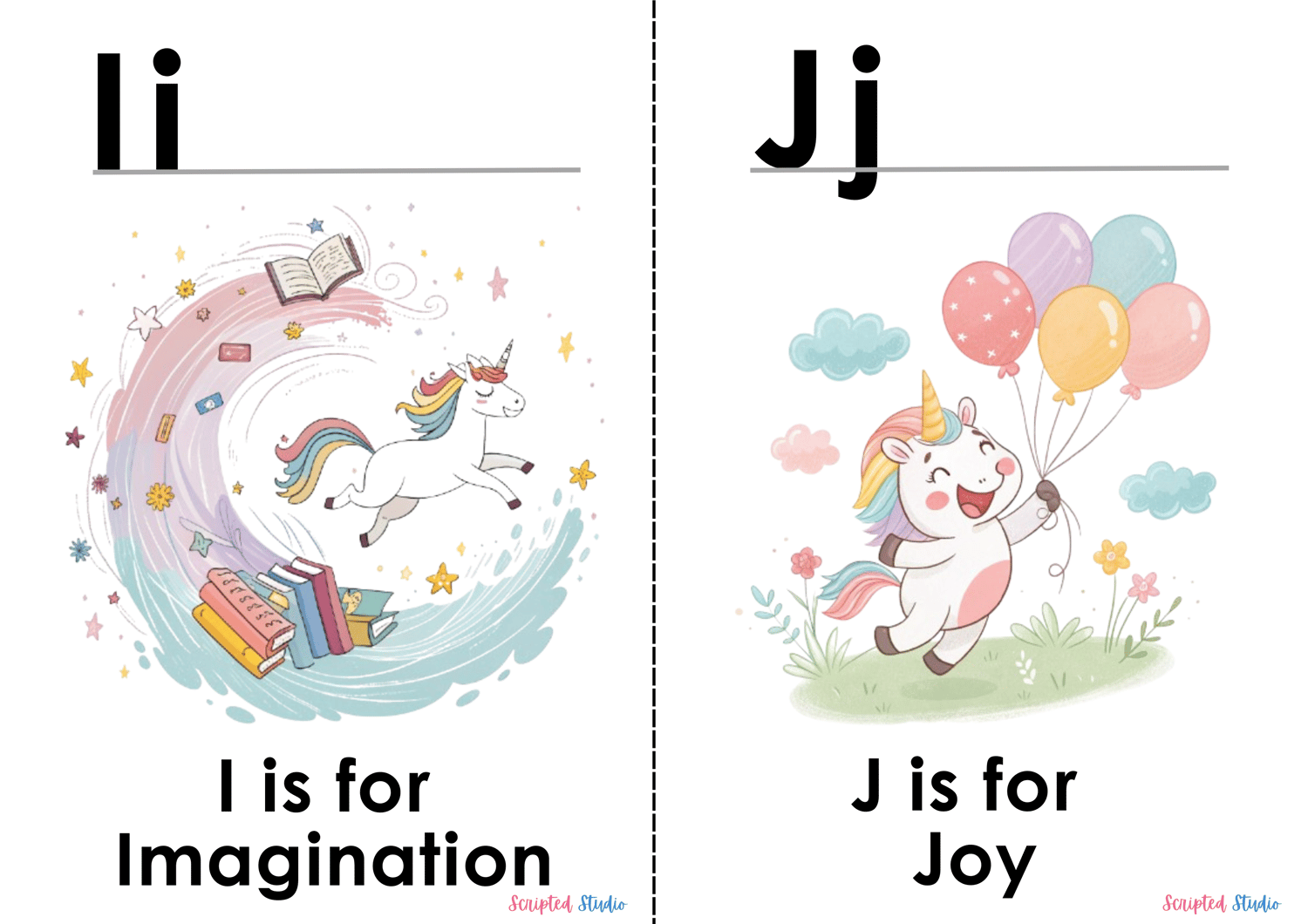 Colorful A-Z doodle unicorn flashcards, each showcasing a fun word and illustration, such as "j is for joy"