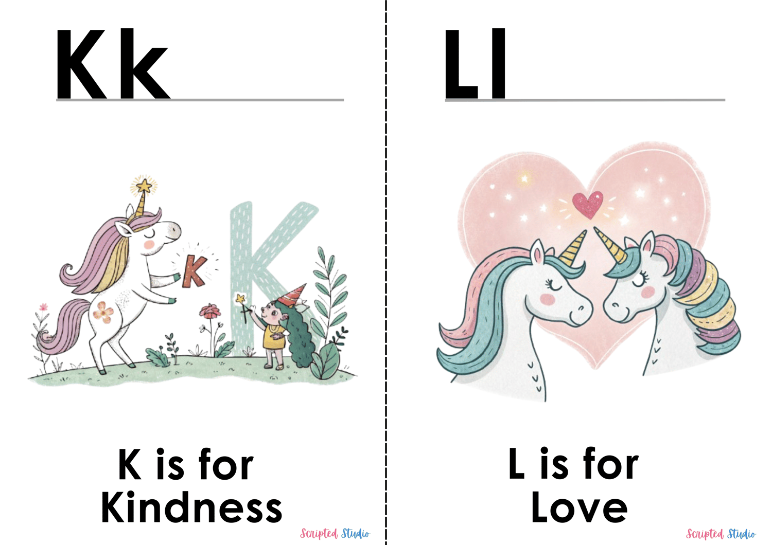 Colorful A-Z doodle unicorn flashcards, each showcasing a fun word and illustration, such as "L is for Love."