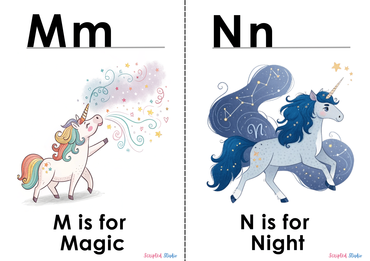 Colorful A-Z doodle unicorn flashcards, each showcasing a fun word and illustration, such as "N is for Night."