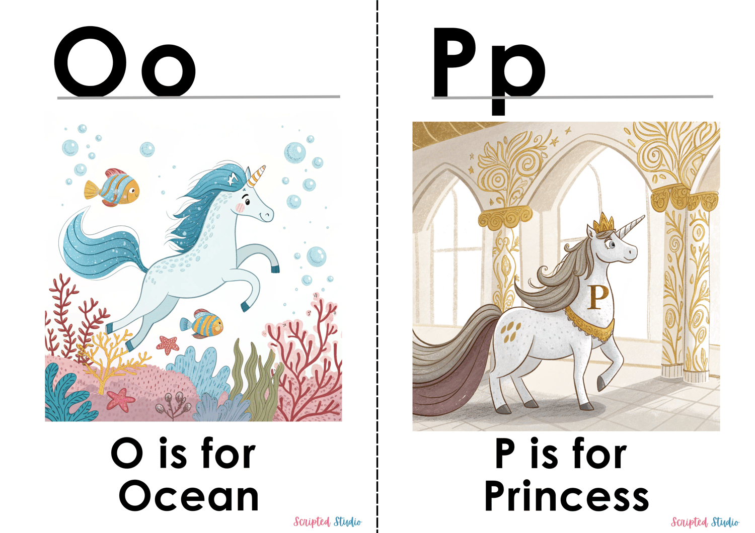 Colorful A-Z doodle unicorn flashcards, each showcasing a fun word and illustration, such as "O is for Ocean
