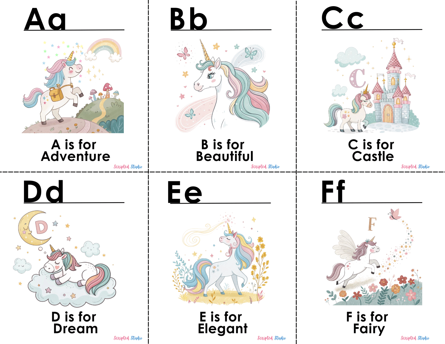 6 Colorful A-Z doodle unicorn flashcards, each showcasing a fun word and illustration, such as "A is for Adventure."