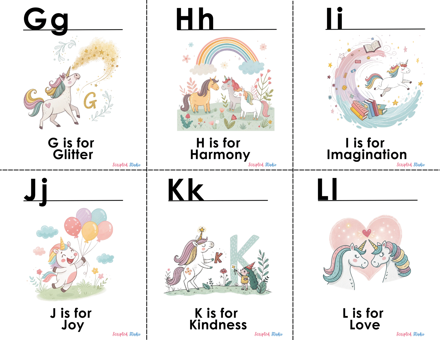 6 Colorful A-Z doodle unicorn flashcards, each showcasing a fun word and illustration, such as "c is for castle"