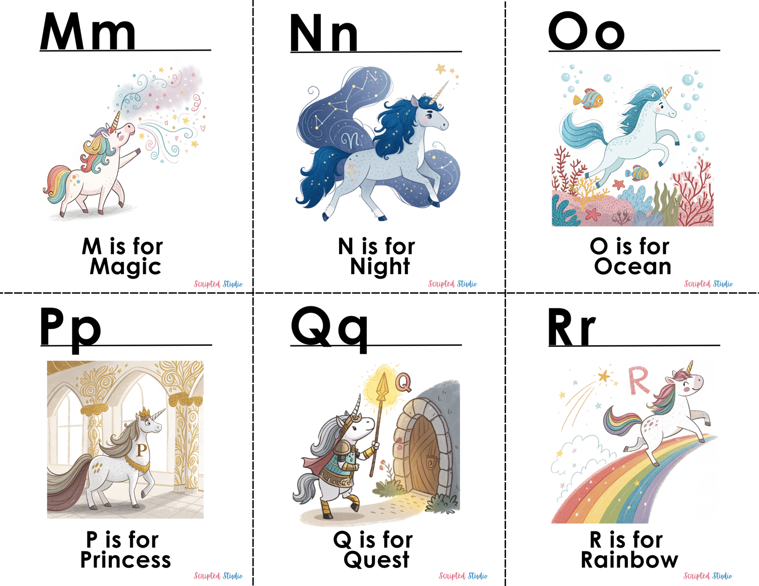 6 Colorful A-Z doodle unicorn flashcards, each showcasing a fun word and illustration, such as "E is for Elegant"