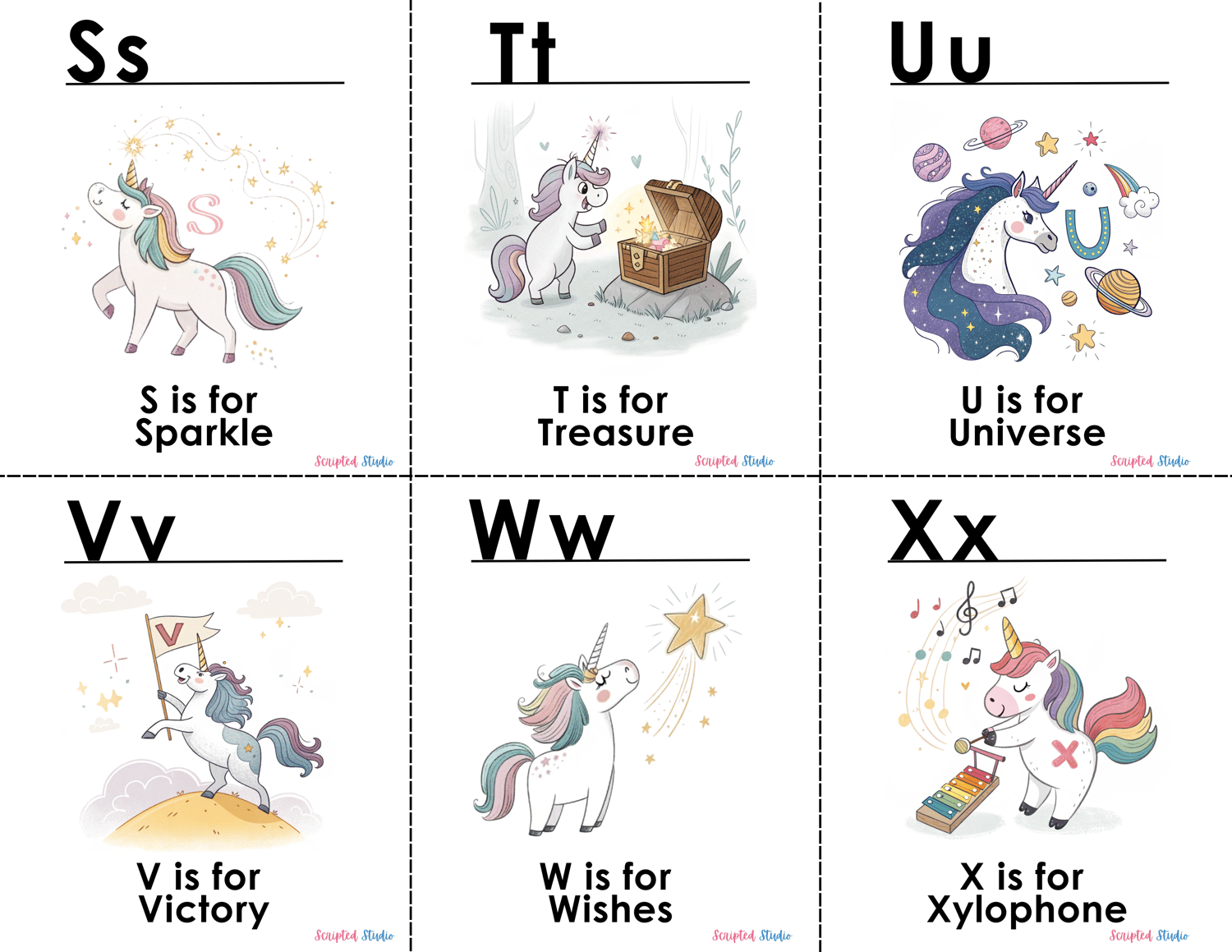 6 Colorful A-Z doodle unicorn flashcards, each showcasing a fun word and illustration, such as "N is for Night."